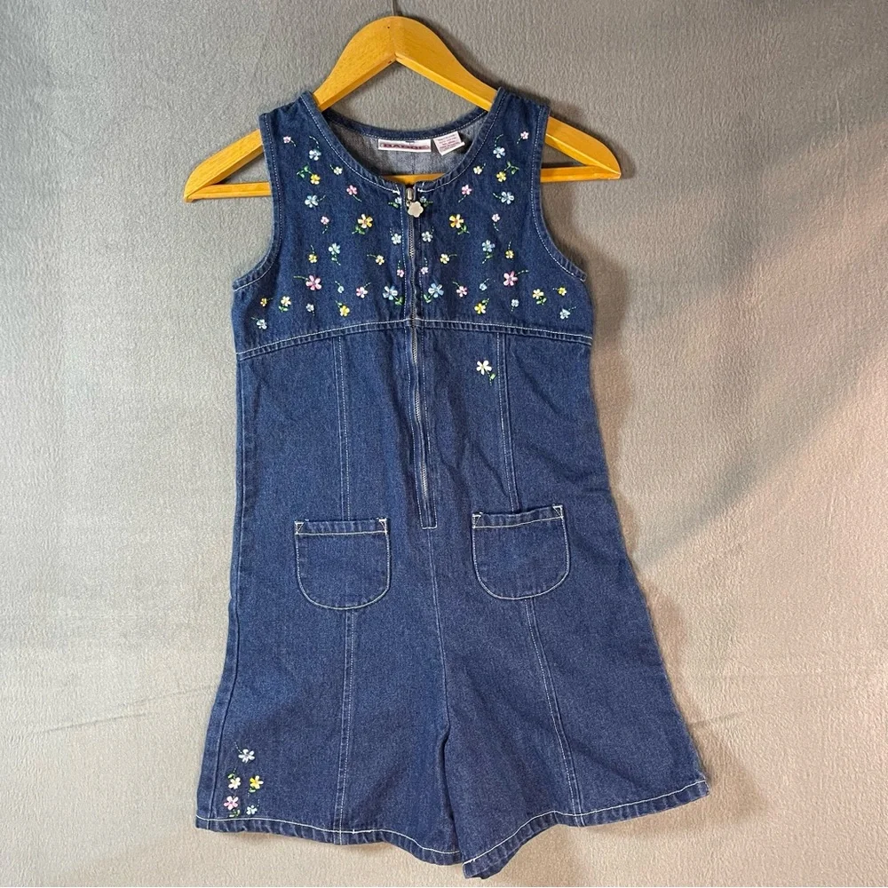Vintage Girls Denim Romper Overalls Jumper L/14 Badge Floral Embroidered 90s